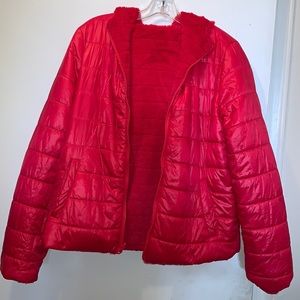 Red Puffer/Furry jacket. Size Large.